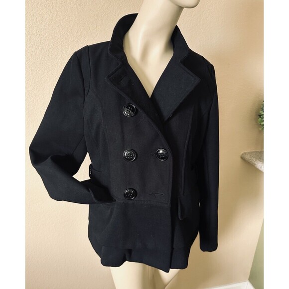 Steve Madden Pea Coat Jacket Double Breasted Collared Layered Classic Black SZ L - Picture 1 of 16